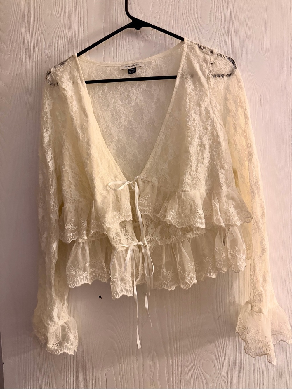 American Eagle Ivory Lace Ruffle Tie-Front Top — Size M